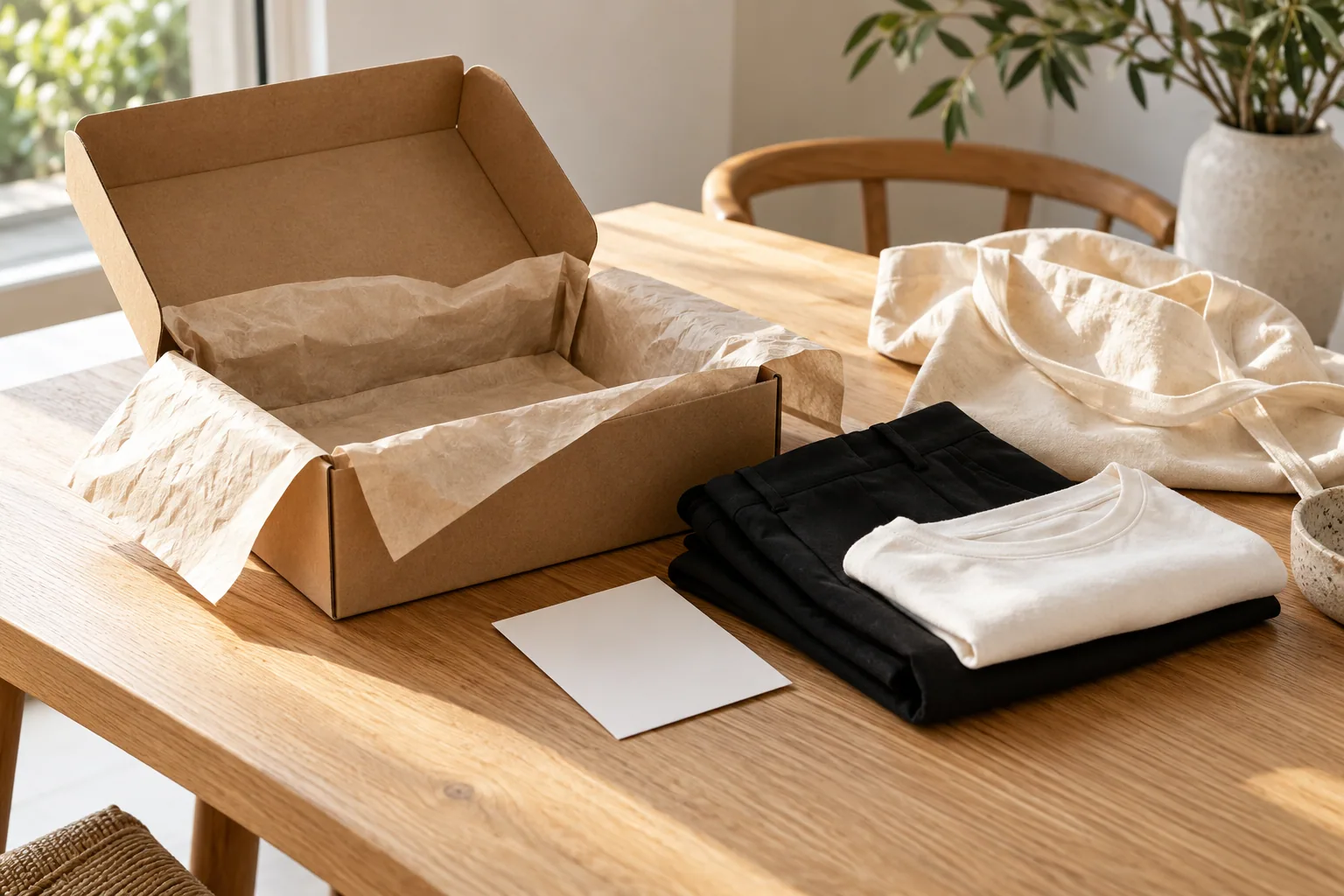 An unbranded return parcel with folded garments and a blank return card