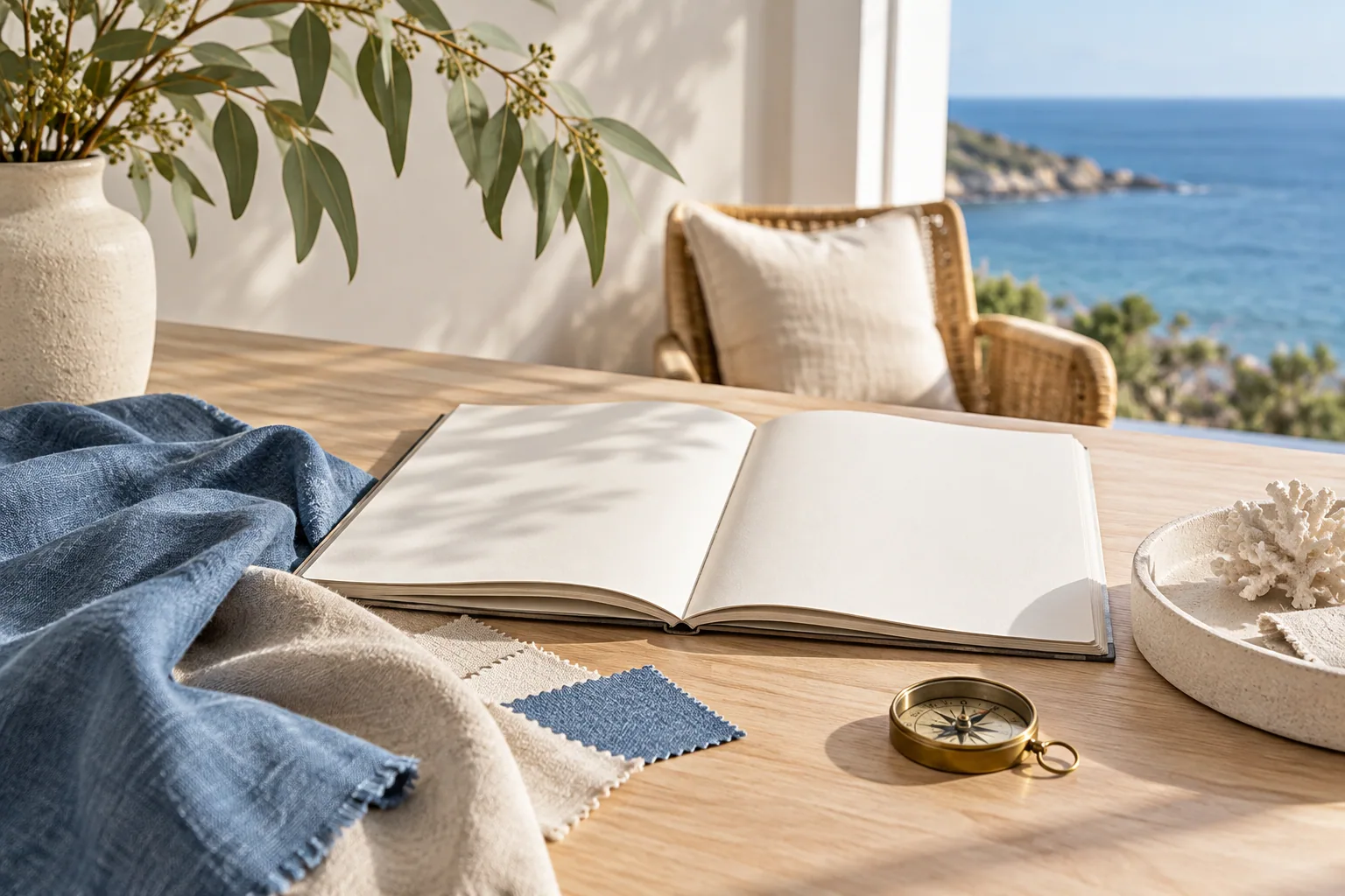 An unbranded lookbook, linen swatches and a compass in an Australian studio