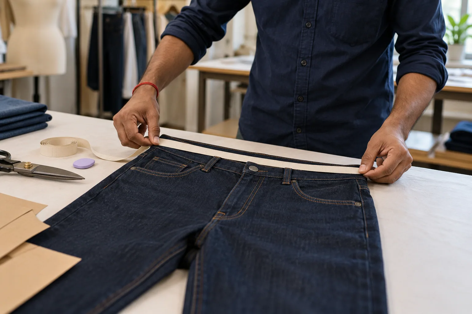 A garment technician measuring a denim waistband on a cutting table