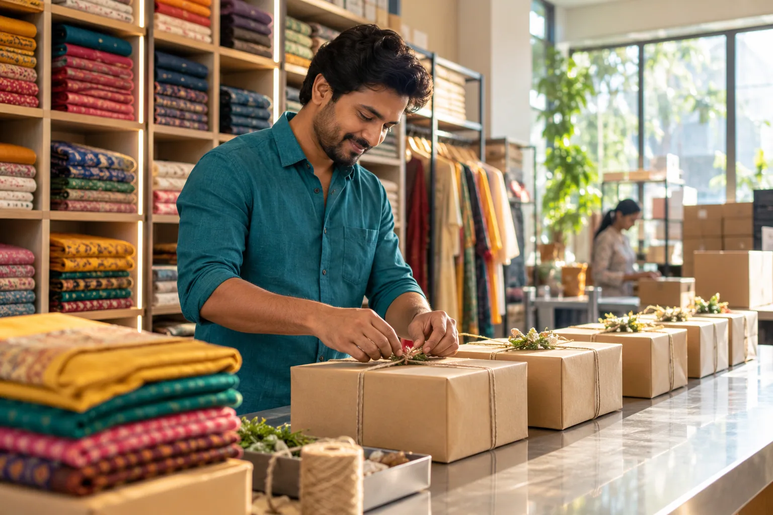 A fictional Indian retail planner preparing unbranded parcels for a festive period