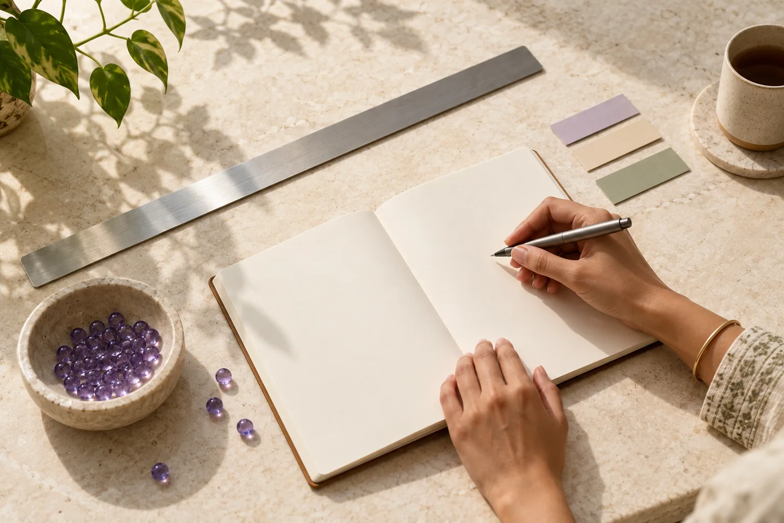 A notebook, measuring tools and violet glass counters on ivory stone