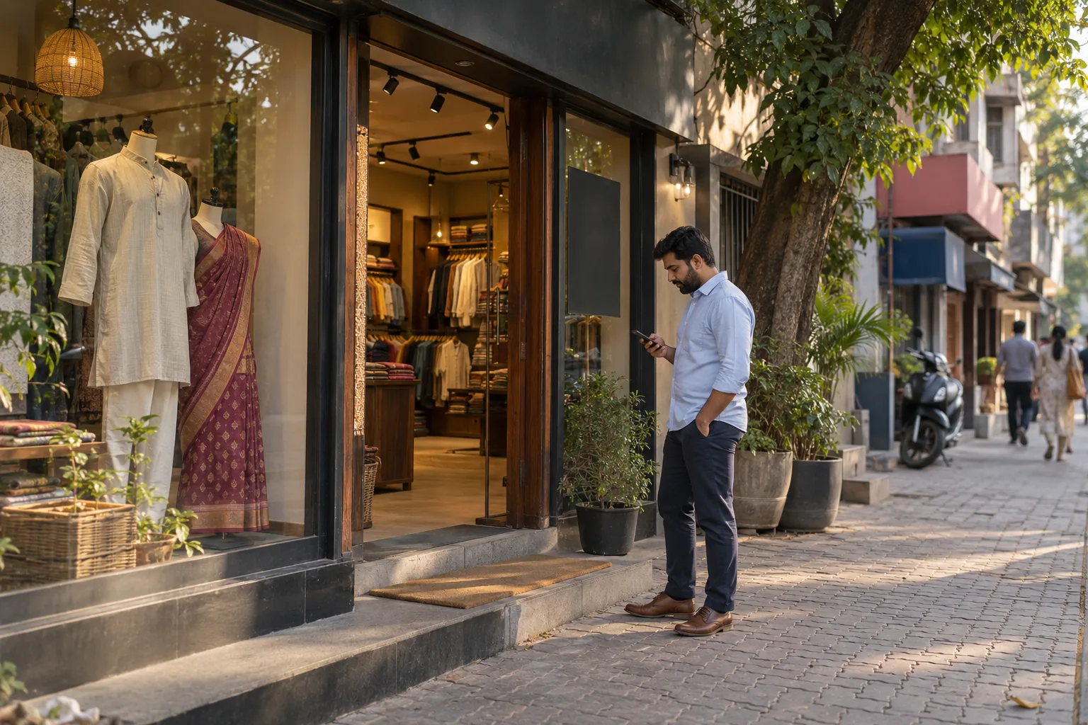 A fictional Indian shopper checking a phone outside a neighbourhood clothing store